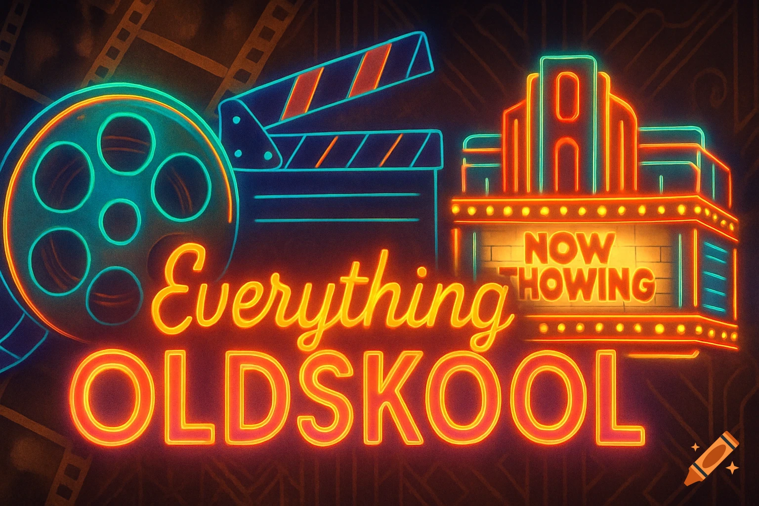 A vibrant neon sign featuring a film reel, a clapperboard, and a movie theater marquee displaying "Everything OLDSKOOL" and "NOW THOWING".