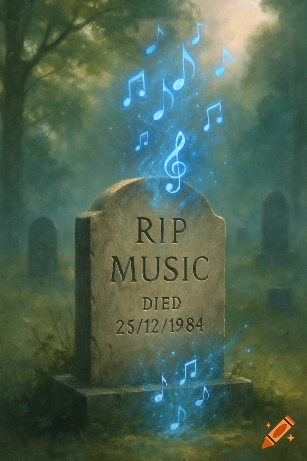 A gravestone with 'RIP MUSIC DIED 25/12/1984' engraved, surrounded by glowing blue musical notes in a misty graveyard.