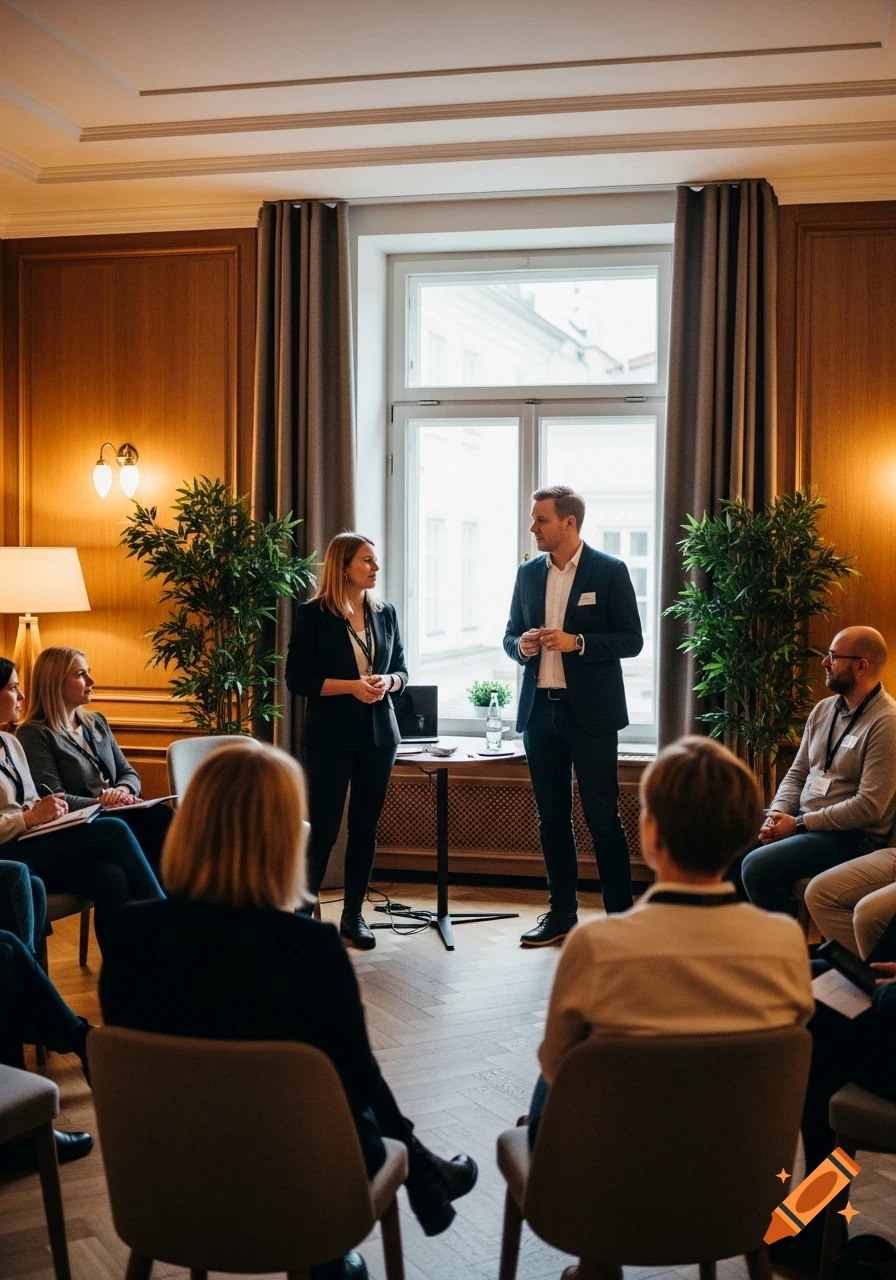 Two speakers address a group of people seated in a circle in a warm, well-lit seminar room.