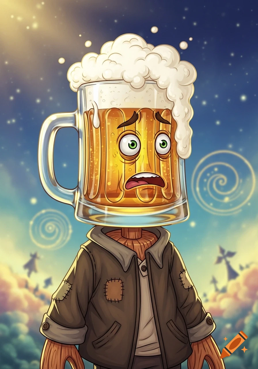 Cartoon character with a frothy beer mug head and a frazzled expression, wearing a jacket against a starry, cloudy sky.