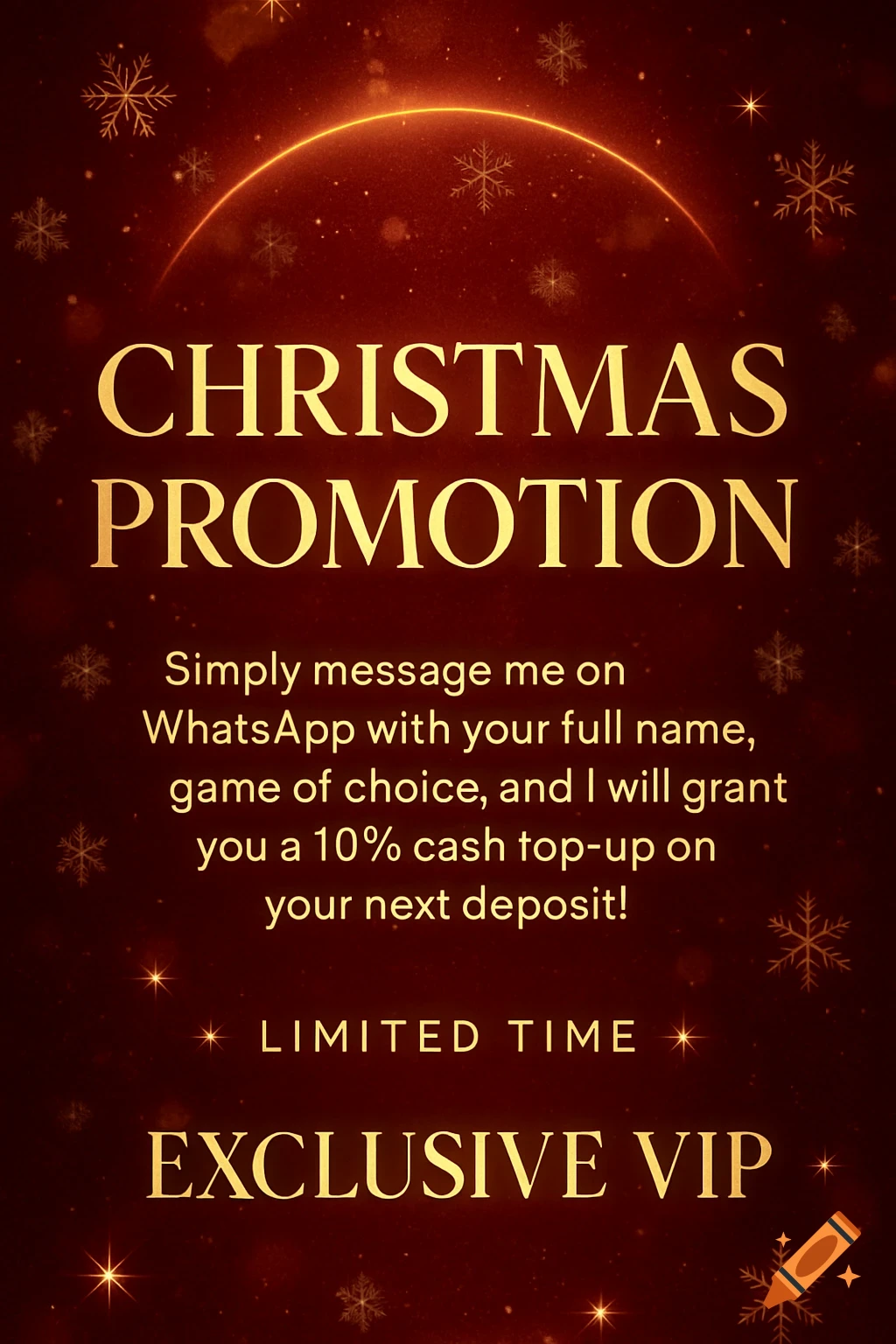 A festive red and gold Christmas promotion banner with snowflakes, a glowing arc, and text offering a cash top-up.