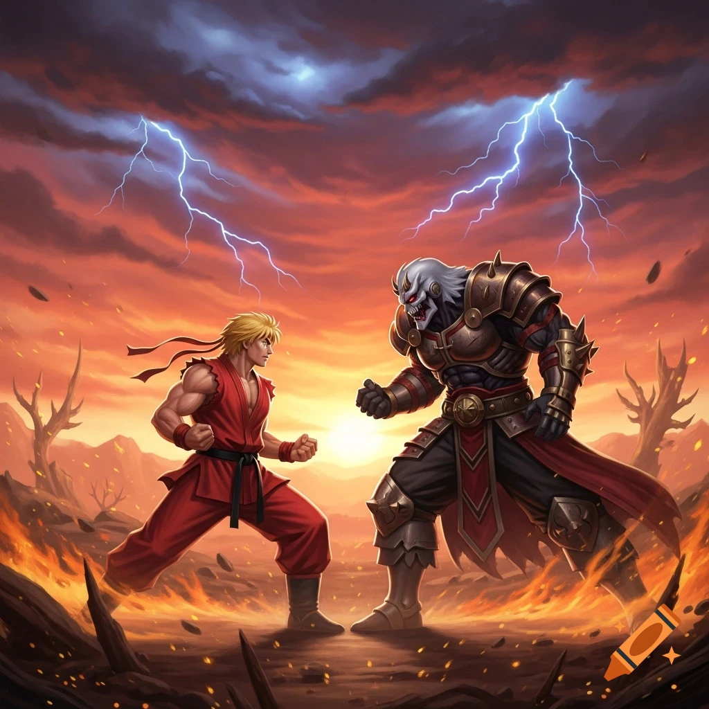 A blonde martial artist in a red gi faces off against a large, armored monster with white hair under a stormy, fiery red sky with lightning.