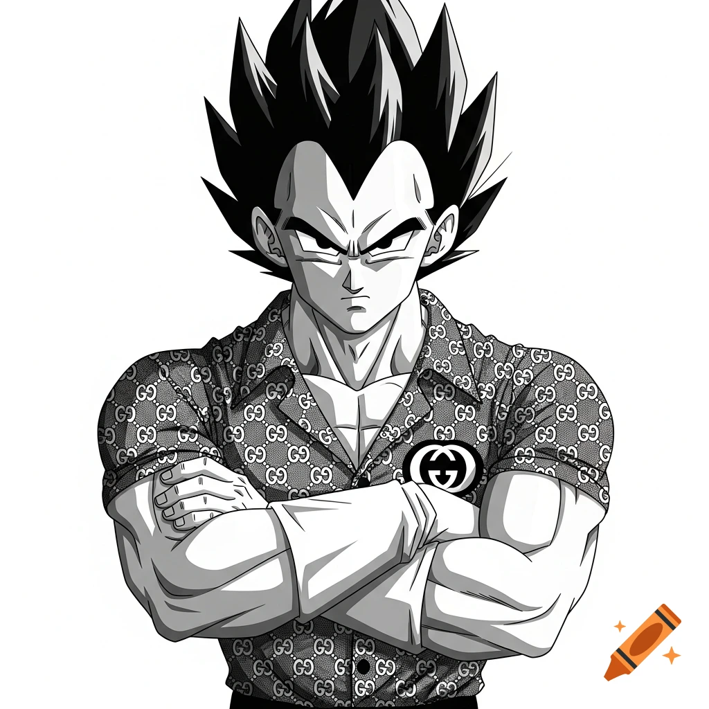 Black and white anime-style illustration of Vegeta from DBZ with crossed arms, wearing a patterned shirt with 'GG' logos.
