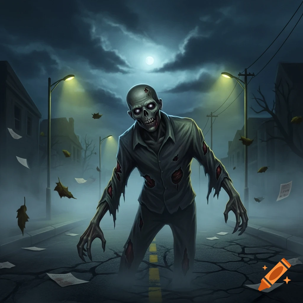 A stylized zombie with glowing eyes and torn clothes walks down a dark, misty street under a full moon, with scattered papers and cracked asphalt.
