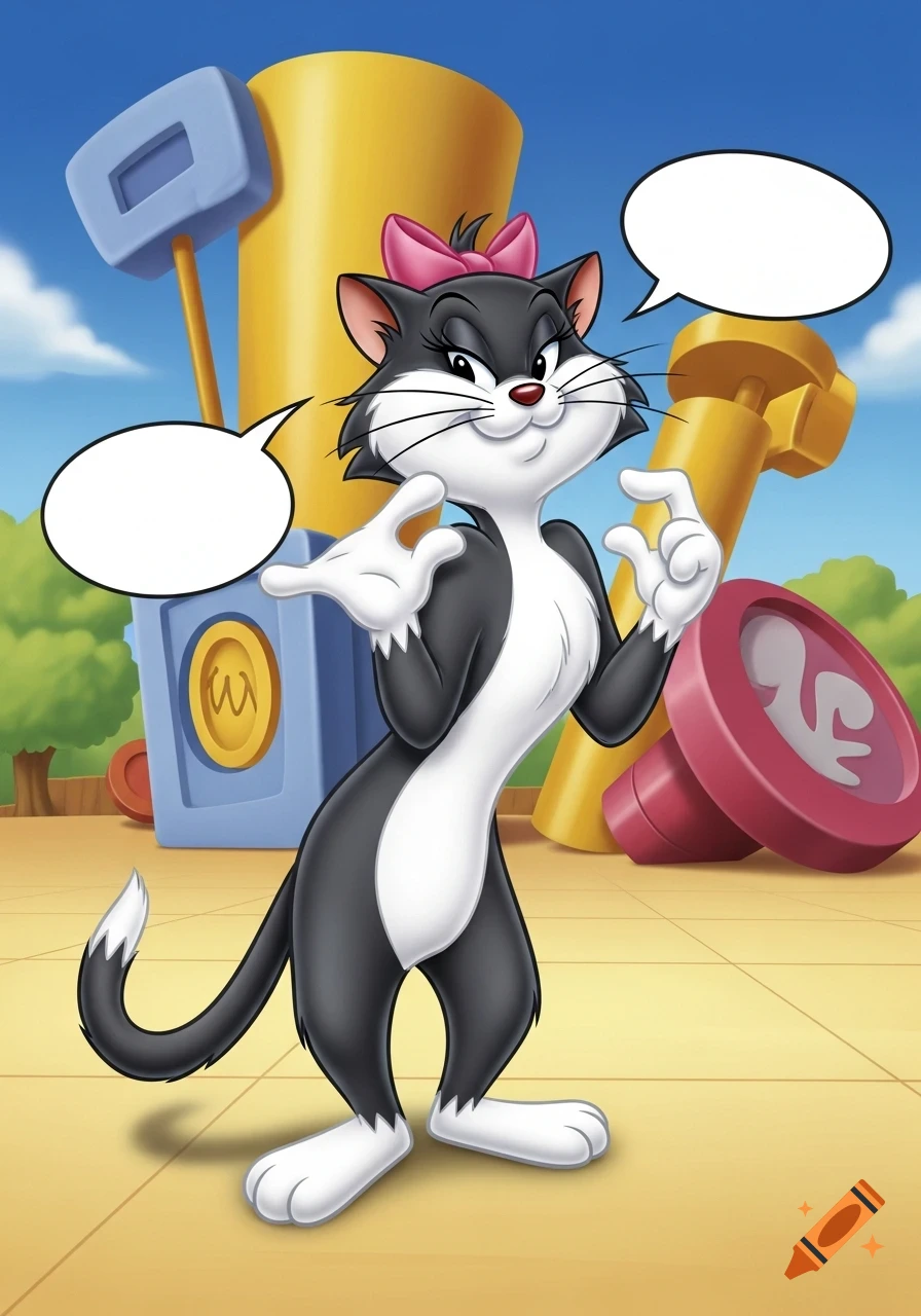 Penelope Pussycat, a black and white cartoon cat with a pink bow, stands posing with two empty speech bubbles in a bright outdoor setting.
