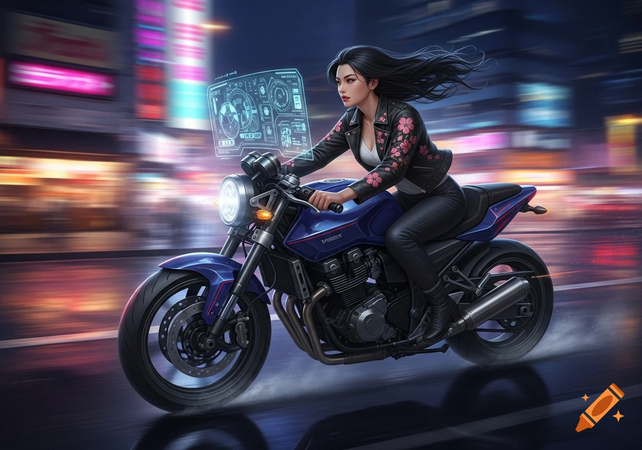 A woman with long dark hair on a blue motorcycle speeds through a futuristic city street at night, with a holographic display in front of her.