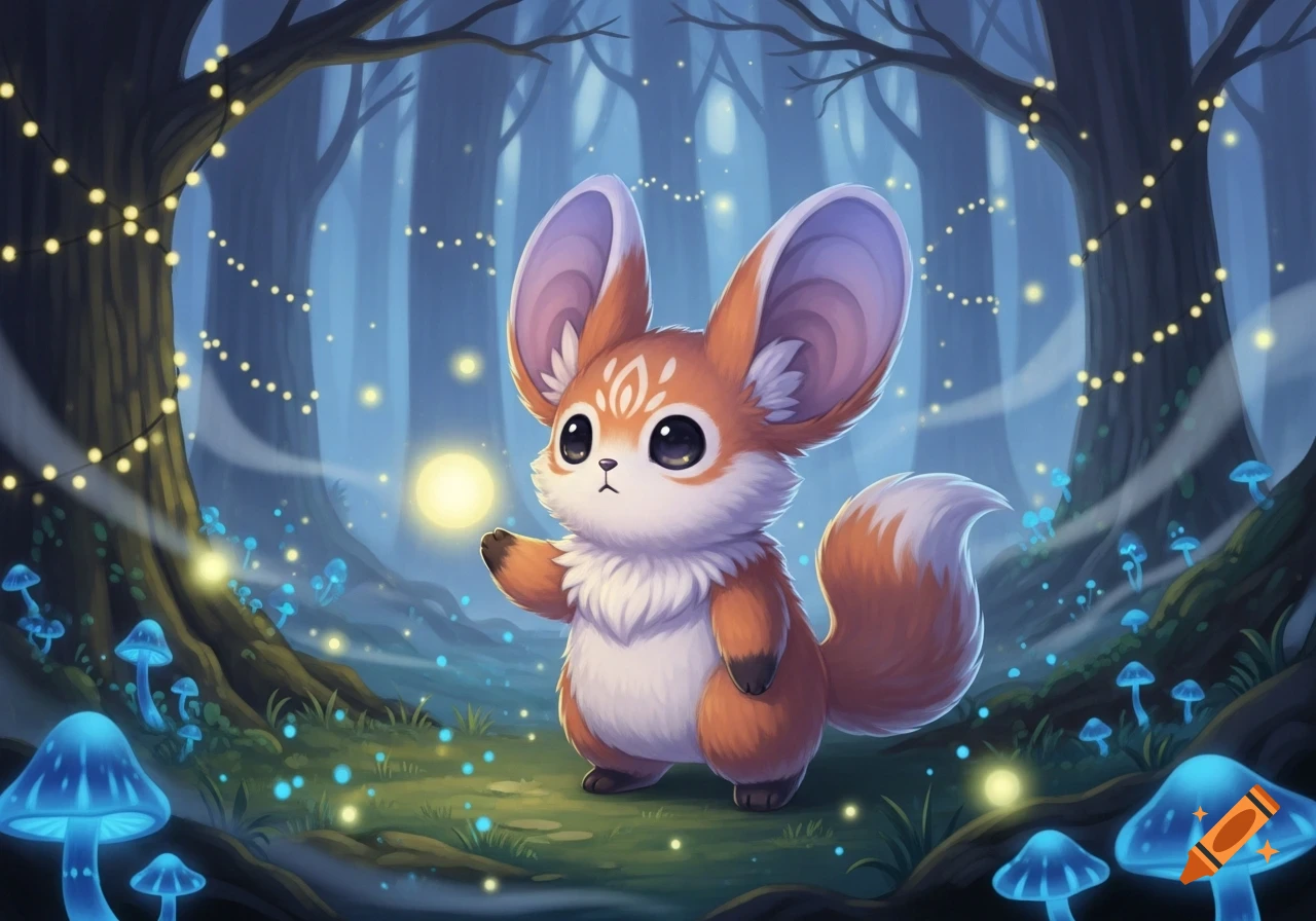 A cute, fluffy orange and white creature with large ears stands in a magical forest with glowing blue mushrooms and fairy lights.