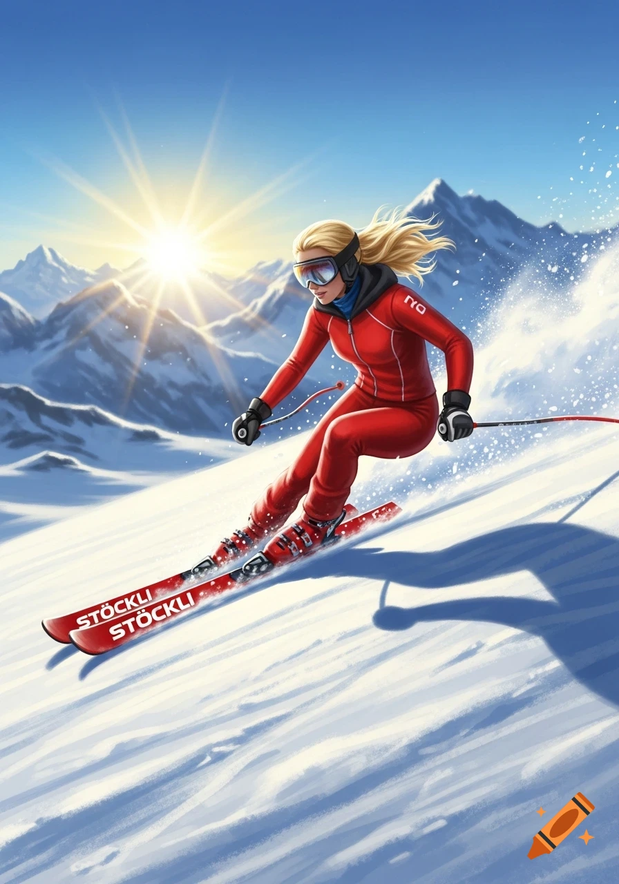 An illustrative image of a blonde woman in a red ski suit, wearing goggles, skiing down a snowy mountain slope under a bright sun. "STÖCKLI" is visible on her skis.
