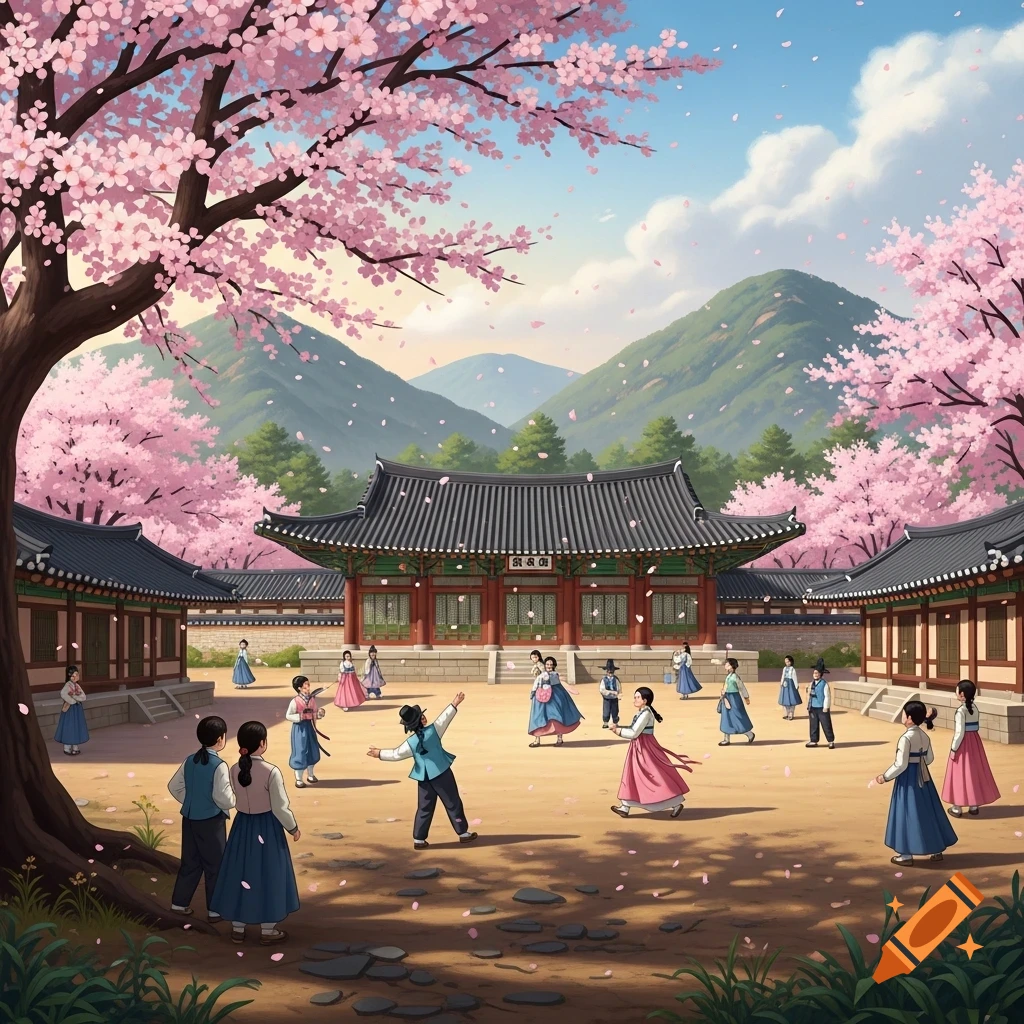 A vibrant illustration of children in traditional Korean hanbok playing in a palace courtyard adorned with pink cherry blossom trees.
