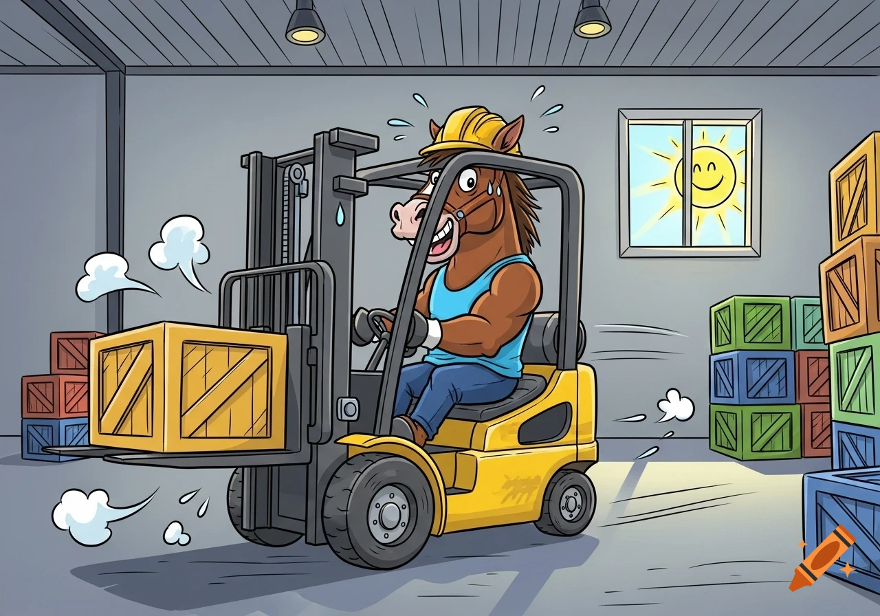 A sweating cartoon horse in a hard hat drives a yellow forklift in a warehouse, moving a wooden crate.