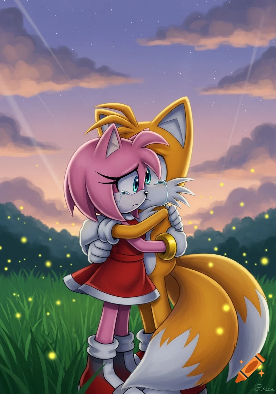 Amy and Tails are hugging and crying in a grassy field with fireflies under a sunset sky.