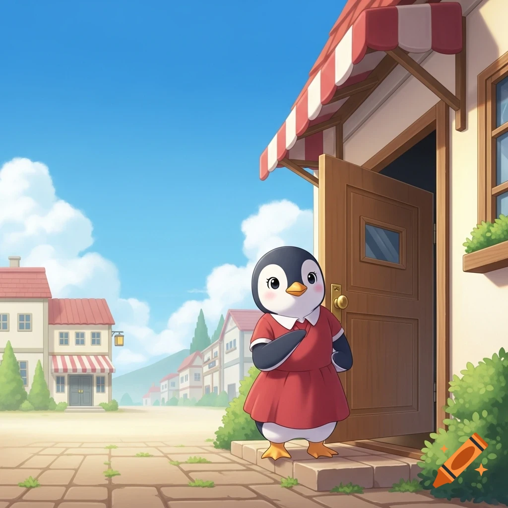 A cute cartoon penguin in a red dress stands on a doorstep in a sunny town, looking forward.