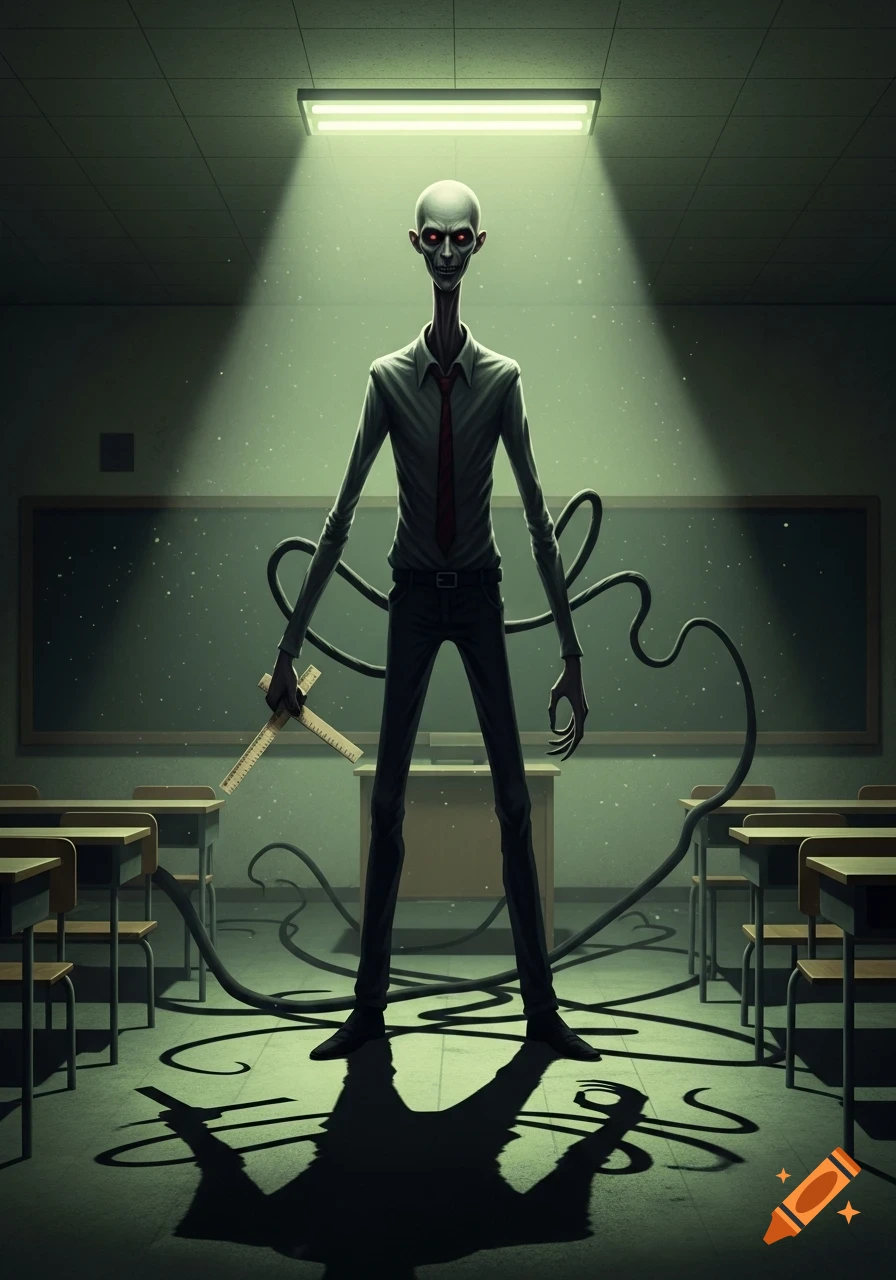 A tall, slender, pale, bald monster with red eyes, dressed in a shirt and tie, holds a ruler in a dimly lit classroom.