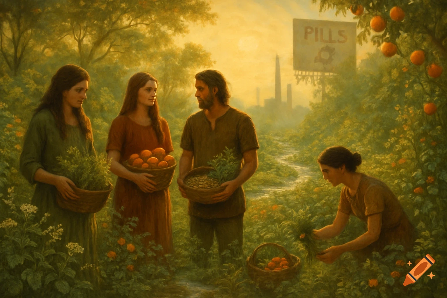Four people gather plants and fruit in a golden forest garden, with a 'PILLS' billboard and smokestacks fading in the distance. Painterly style.