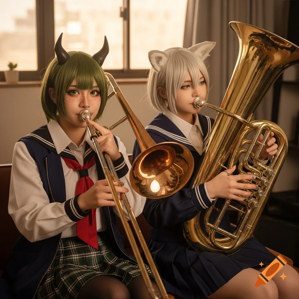 Two women in school uniform cosplay, one with green hair and horns playing a trombone, the other with white hair and cat ears playing a tuba, in a studio during golden hour.