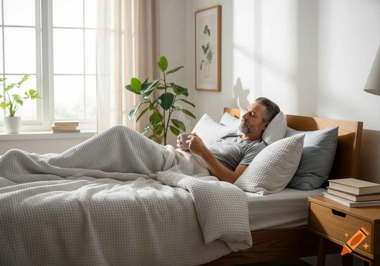 A man relaxes in bed, holding a steaming coffee cup in a cozy, sunlit bedroom. Photorealistic.