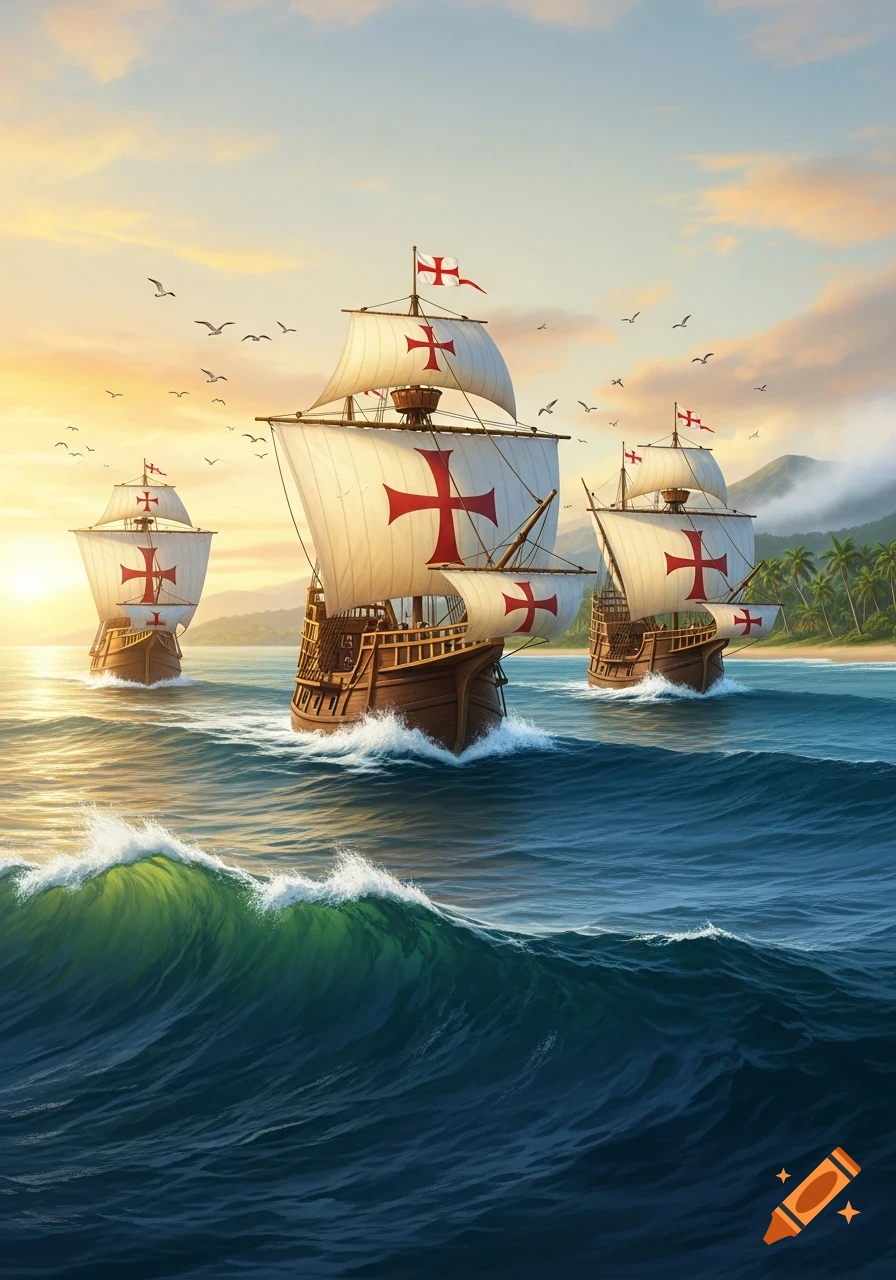 Three historical caravels with red cross sails sail on ocean waves toward a tropical coastline at sunset with flying seagulls.