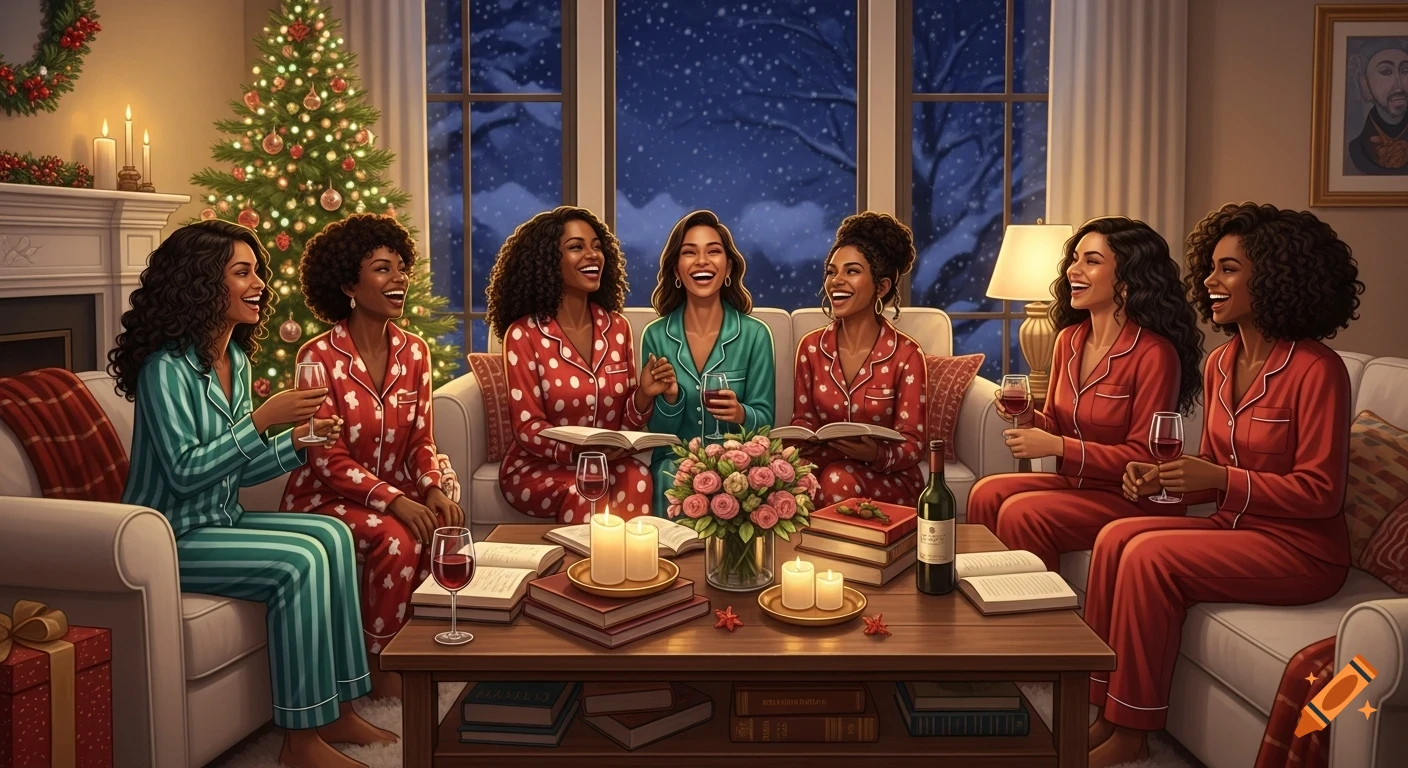 Six smiling women in holiday pajamas laugh while drinking wine and reading books in a festive living room with a Christmas tree.
