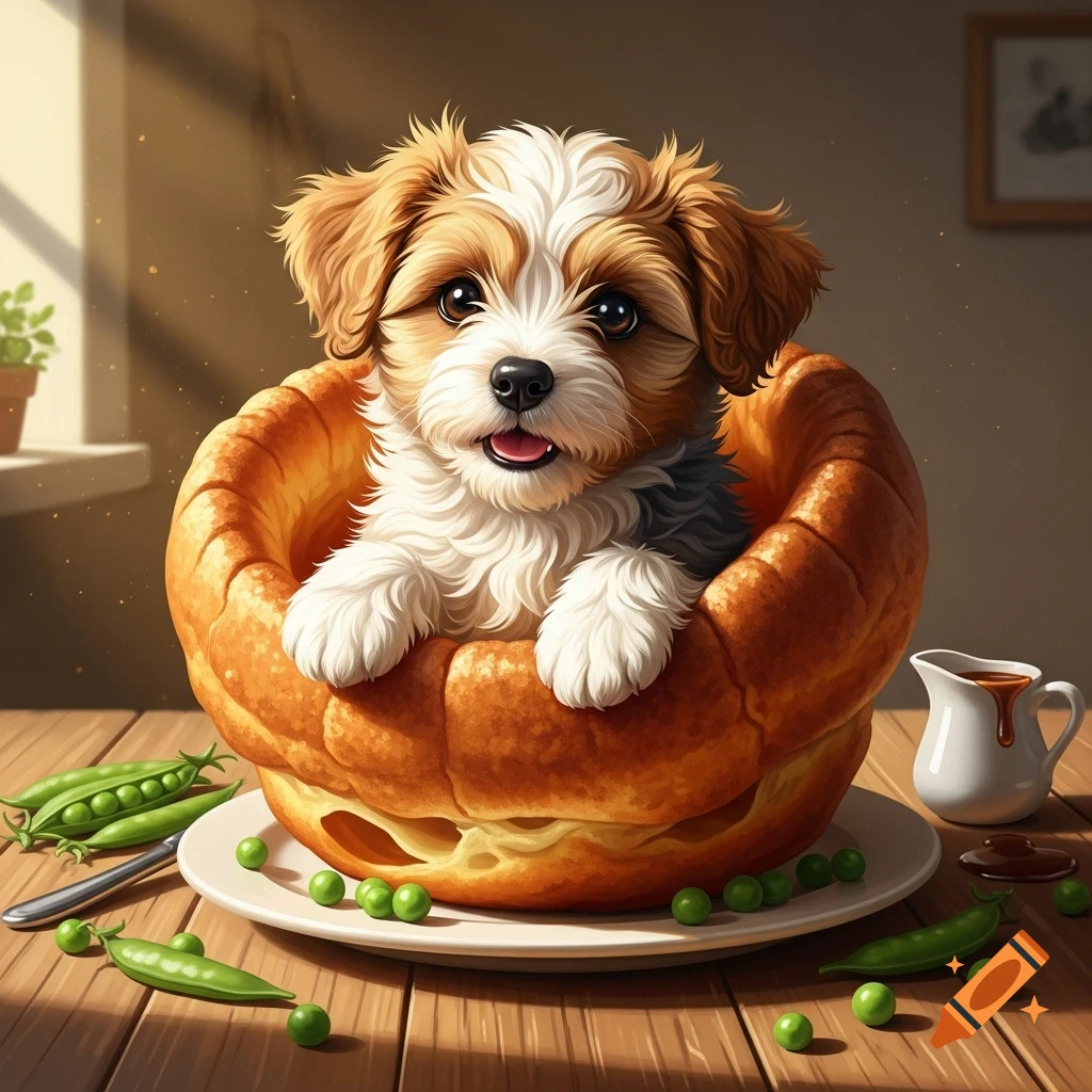 A fluffy, brown and white puppy smiles happily from inside a large golden Yorkshire pudding, surrounded by green peas and gravy on a wooden table.