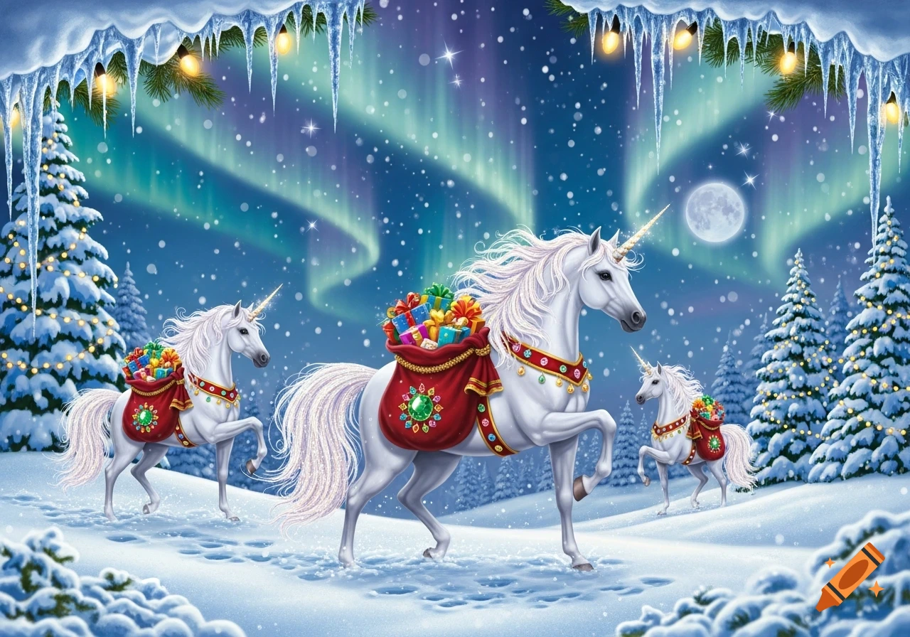 Three white unicorns with red saddlebags full of gifts walk in a snowy winter forest under a full moon and aurora borealis.