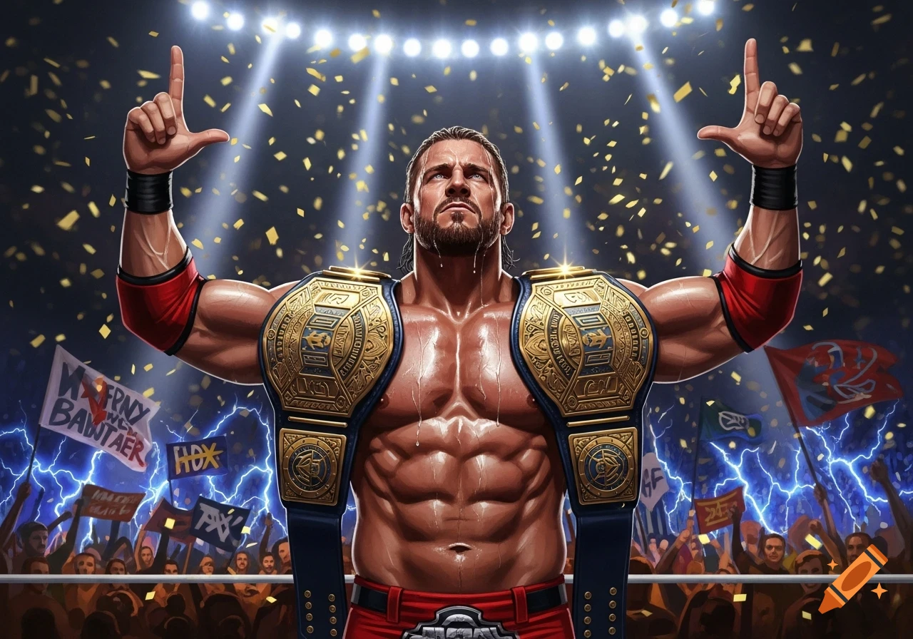 Muscular male wrestler in red shorts raising arms with two championship belts, under bright stadium lights and falling confetti, with a cheering crowd in the background.