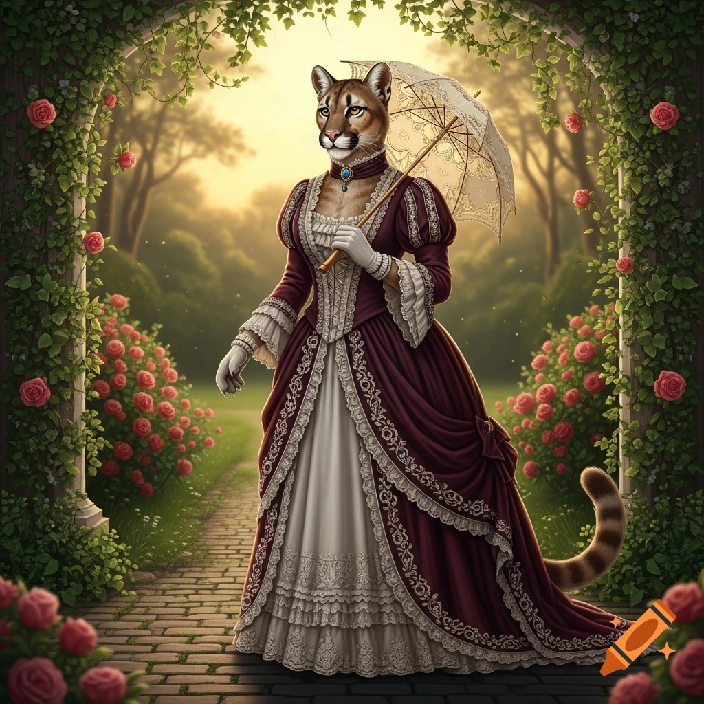 A graceful cougar-headed woman in an ornate maroon Victorian dress and white gloves holds a parasol, standing under a rose-covered garden archway at sunset.