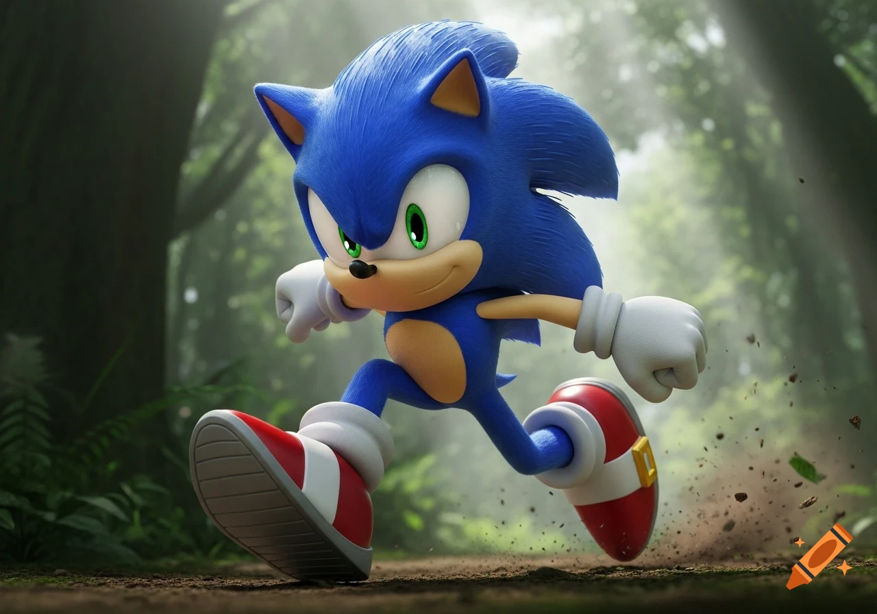Sonic the Hedgehog, with detailed blue fur, runs determinedly on a dirt path in a lush green forest, kicking up dirt in a vibrant 3D render.