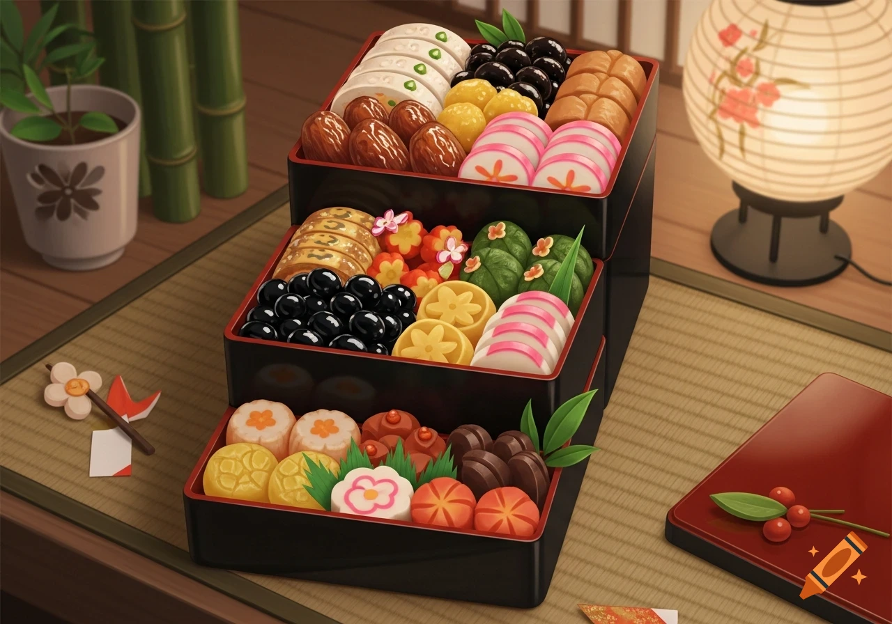 A stylized illustration of a three-tiered Japanese Osechi food box filled with various traditional dishes, set on a tatami mat with a lantern.