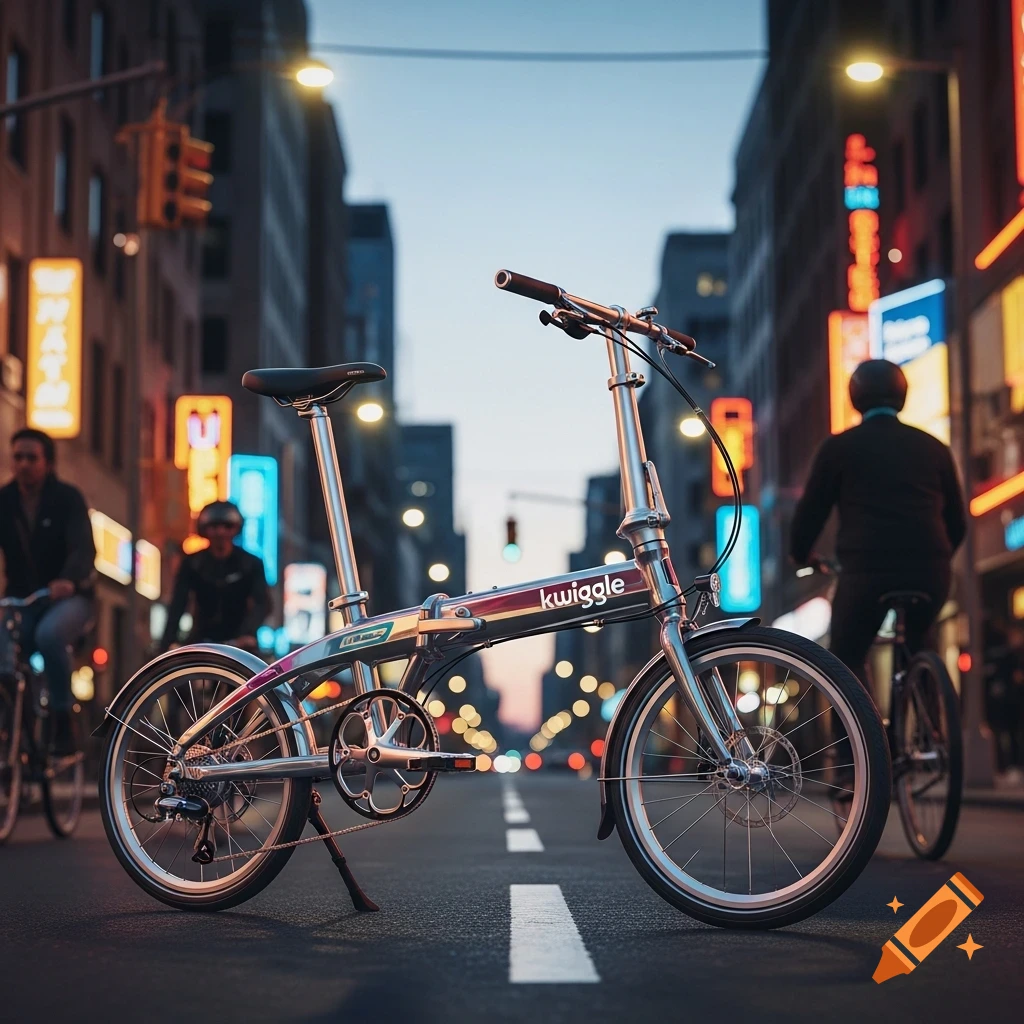 A silver Kwiggle folding bicycle stands on a city street at dusk, with blurred pedestrians and neon signs in the background. Photorealistic style.