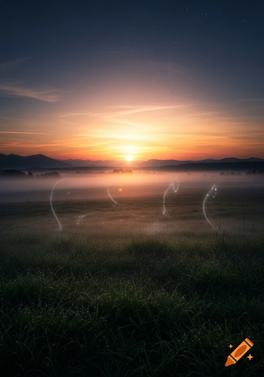 A beautiful sunrise over a misty field with dew-covered grass, distant mountains, and faint glowing light trails.