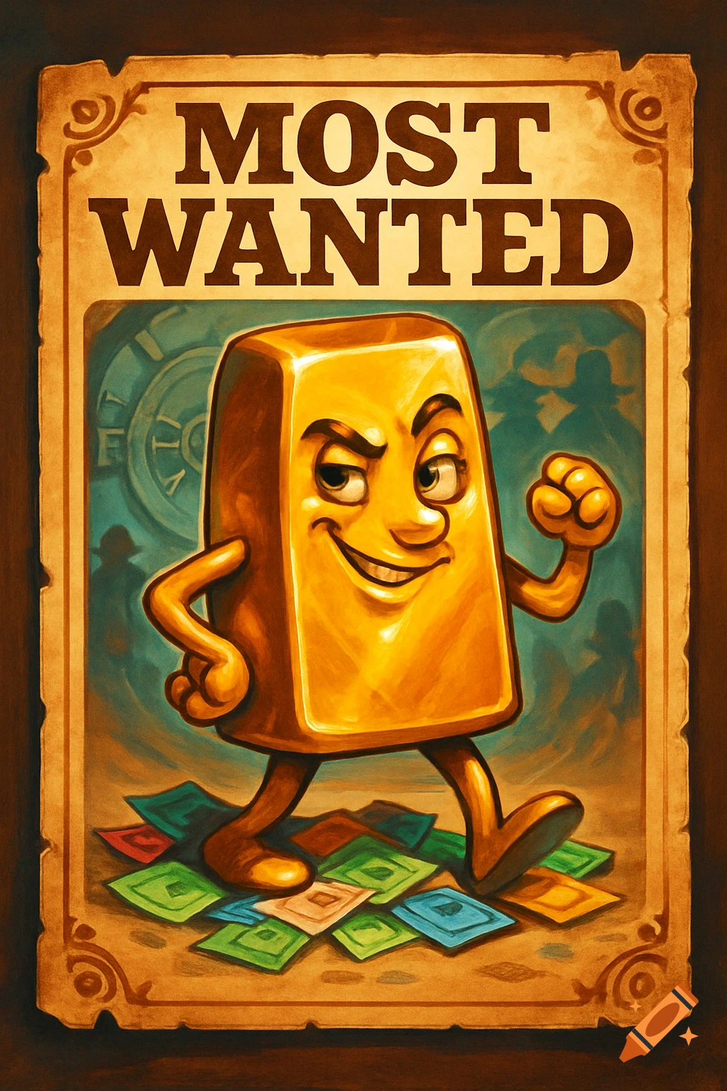 A cartoon gold bar with a face, arms, and legs walks over money on a 'MOST WANTED' poster, in a Western style.