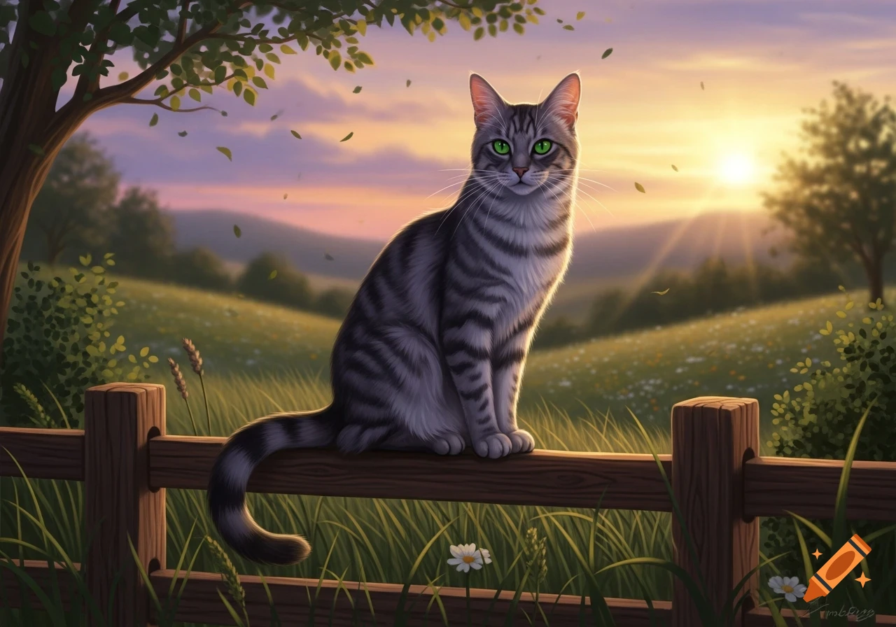 A striped tabby cat with bright green eyes sits on a wooden fence in a ...