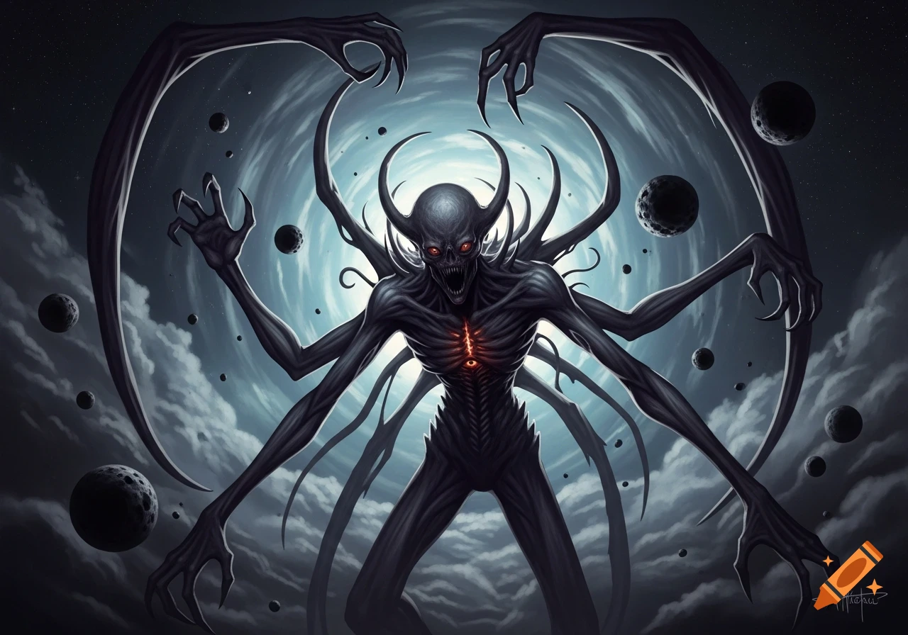 A dark, horned, multi-limbed cosmic horror monster with glowing red eyes and a glowing chest stands against a swirling space background with planets.