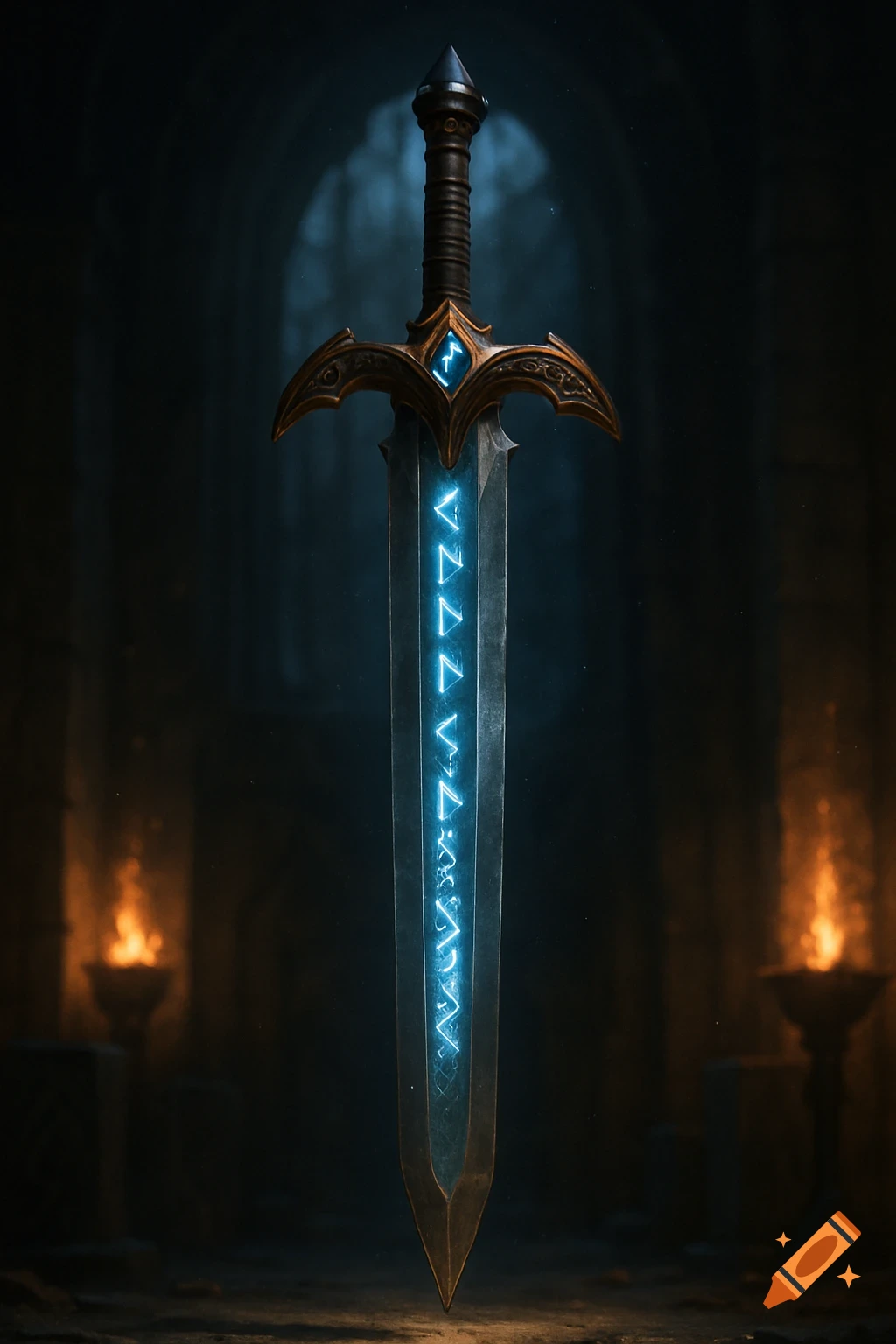 A fantasy sword with glowing blue runes stands upright in a dark, stone chamber illuminated by torchlight.