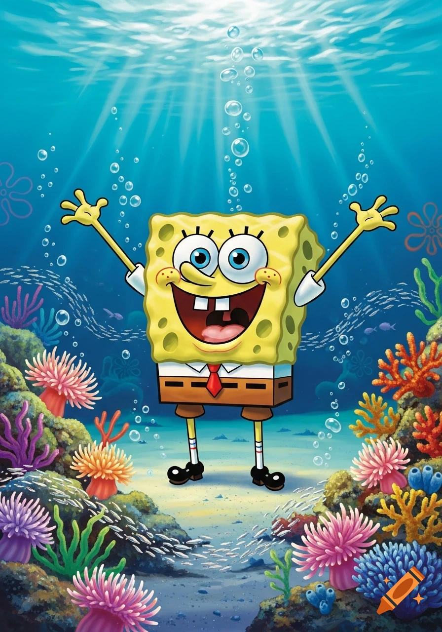 Spongebob Squarepants happily stands with arms raised in a vibrant underwater coral reef with sun rays and bubbles.