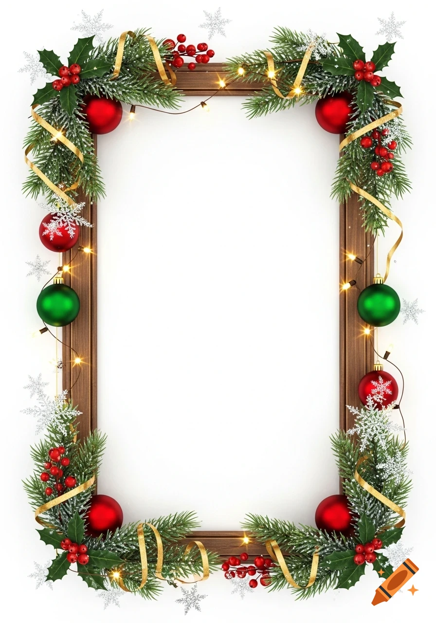 A festive Christmas frame with fir branches, red and green ornaments, gold ribbons, string lights, and white snowflakes.
