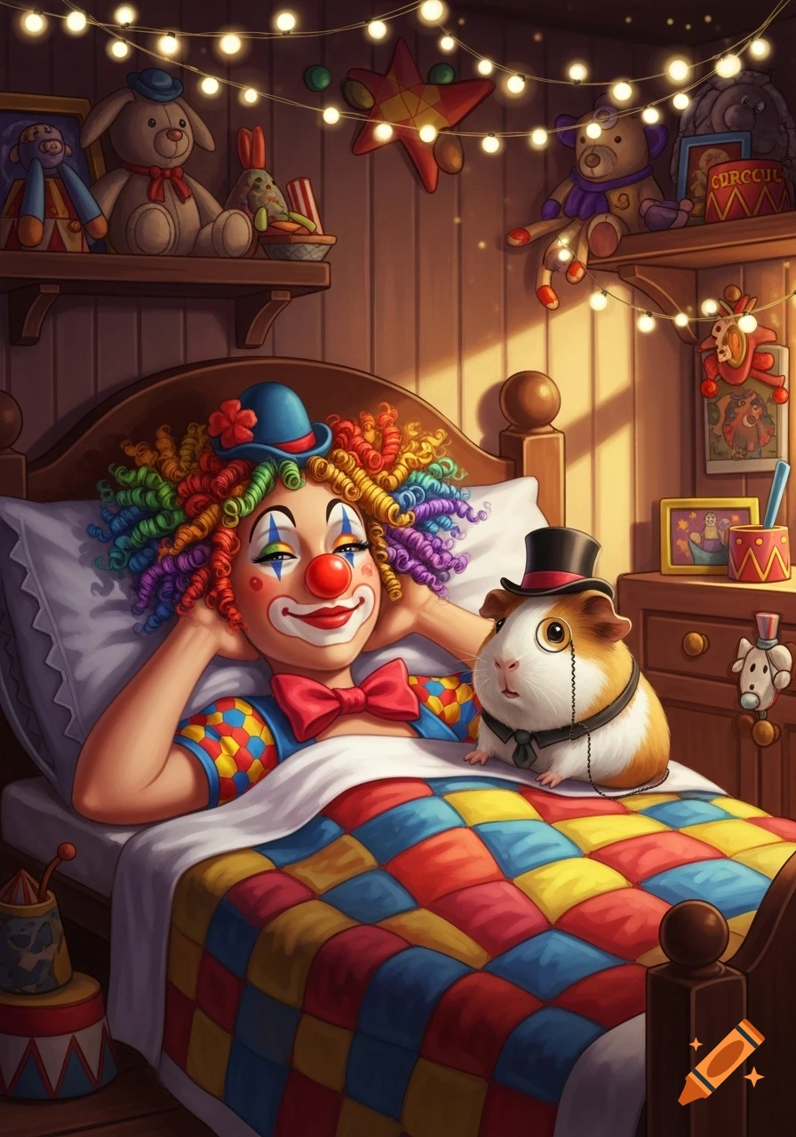 A smiling clown with colorful curly hair lies in bed next to a guinea pig wearing a top hat and monocle, in a whimsical bedroom with string lights.