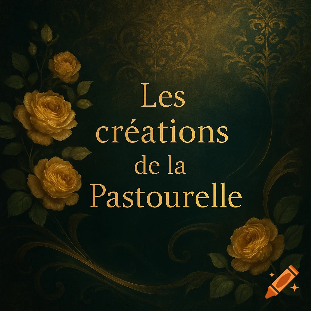 Dark green and gold ornate background with golden roses and 'Les cr m ations de la Pastourelle' in gold text.