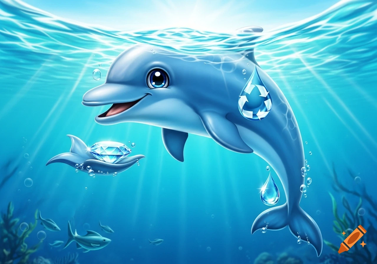 A cute, smiling cartoon dolphin with big eyes swims underwater. It has a recycling symbol on its back and holds a sparkling diamond with its fin.