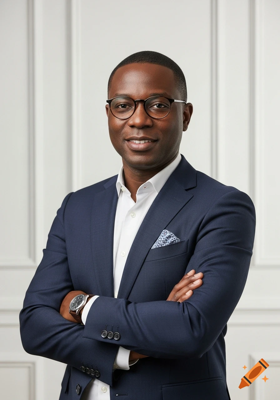 Professional portrait of a smiling Black man in a navy suit and glasses with arms crossed against a white wall.