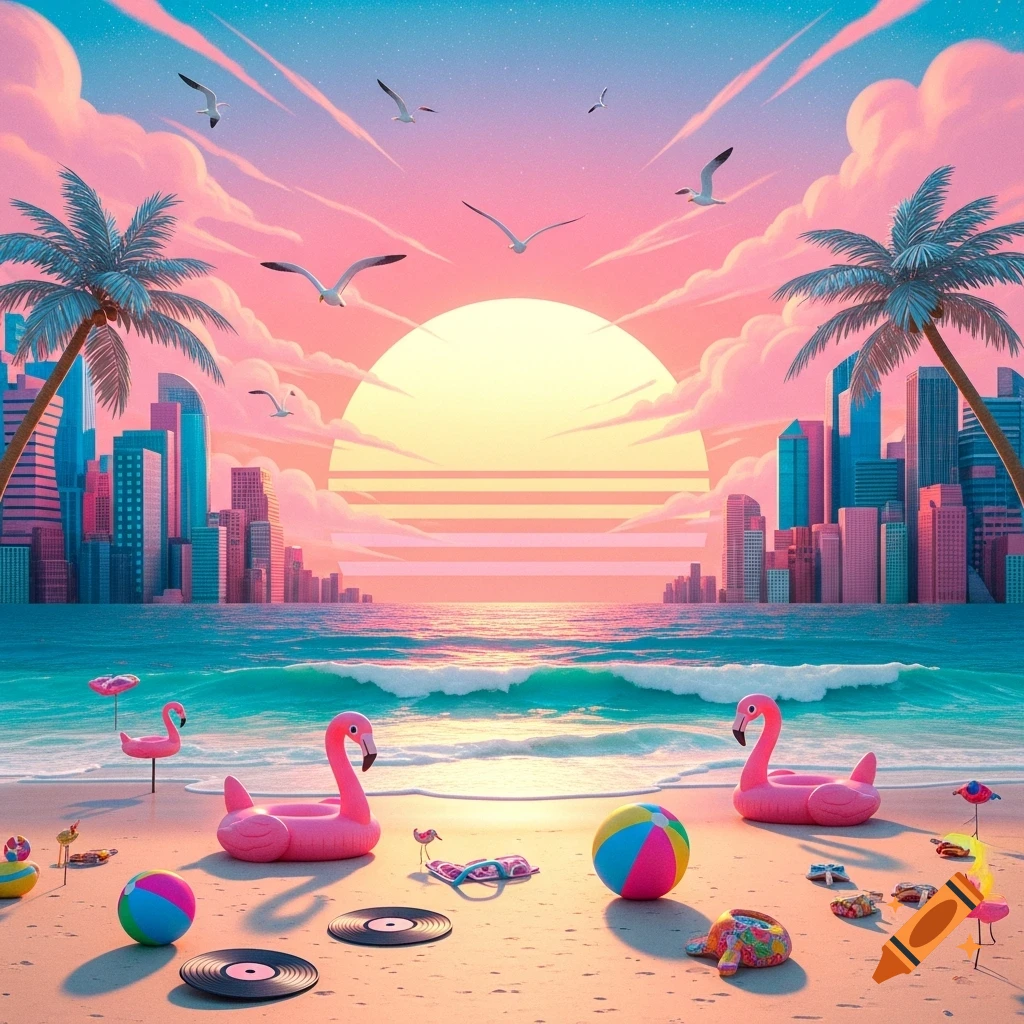 Vaporwave style beach scene with a vibrant pink and blue sunset over a city skyline. Inflatable pink flamingos, beach balls, and vinyl records are scattered on the sand near the ocean.