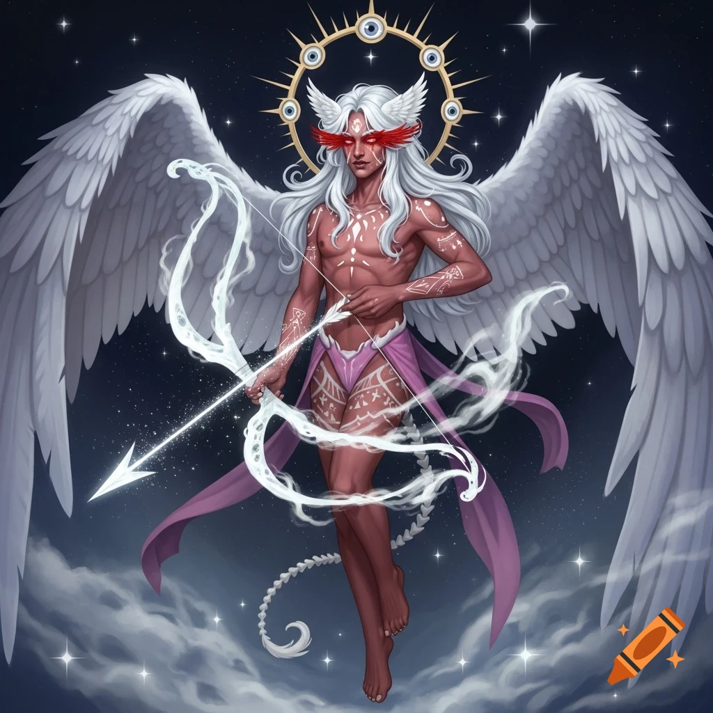 An angelic figure with white wings, long white hair, a red blindfold, and a halo with eyes, holding a glowing bow and arrow, against a starry sky.