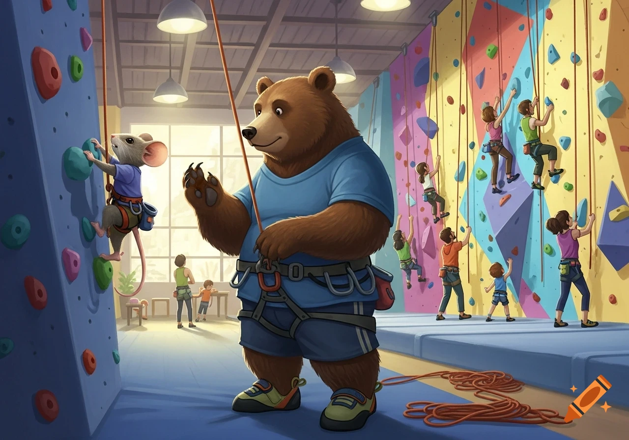 Cartoon bear belays a mouse climbing a rock wall in an indoor gym with other climbers.