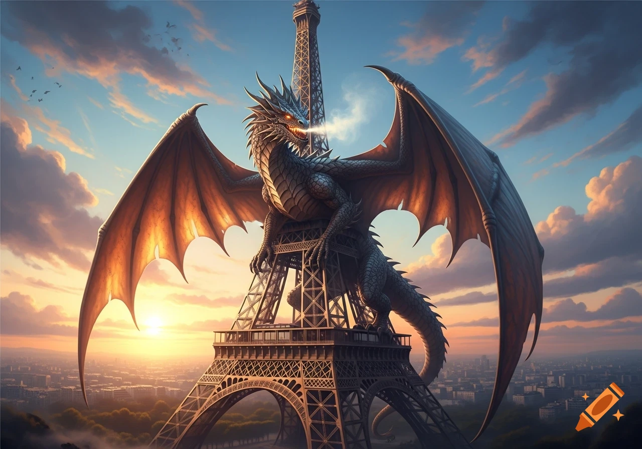 A large grey dragon with outstretched wings perches atop the Eiffel Tower, exhaling smoke against a vibrant sunset sky over a city.