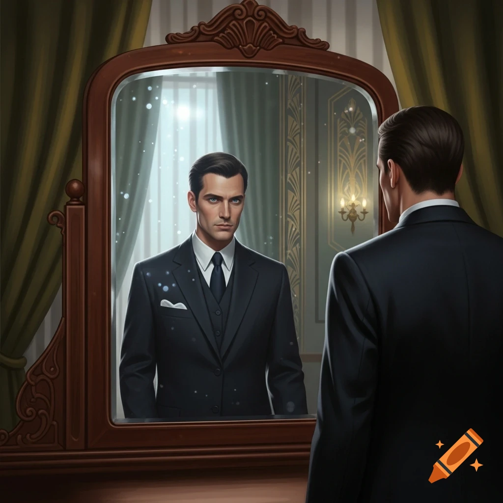 A man in a black suit looks into a mirror, his reflection staring forward in a grand room.