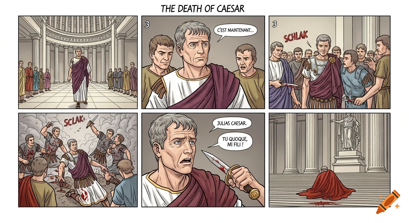 A six-panel comic strip depicting the assassination of Julius Caesar, showing his entry, the conspiracy, the attack, the stabbing, his dying words 'Tu quoque, mi fili!', and his body by a statue.