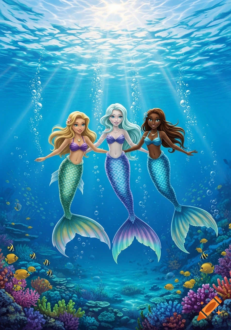 Three colorful mermaids swim underwater among vibrant coral and fish, with sun rays piercing the surface in a stylized illustration.