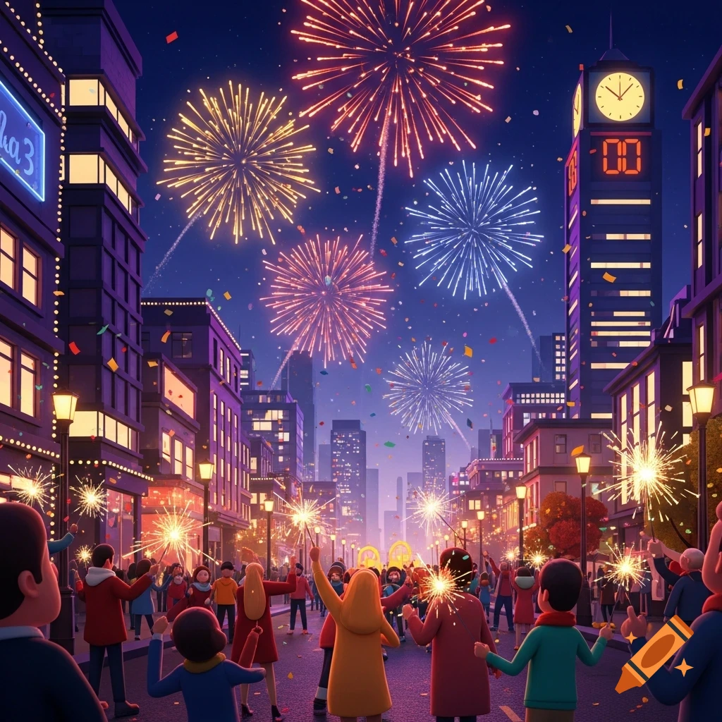 An animated cityscape scene at night with colorful fireworks exploding above a crowd of people celebrating with sparklers and confetti.