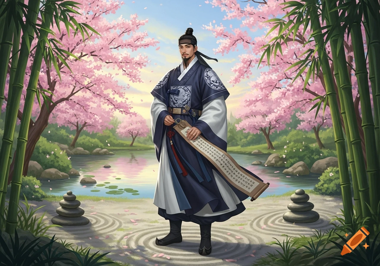 A man in traditional Korean hanbok stands in a cherry blossom and bamboo garden, holding a scroll.