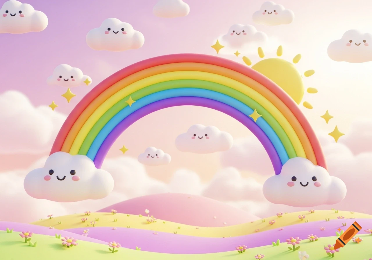 A whimsical 3D rendering of a vibrant rainbow arching over a pastel landscape with smiling clouds and a shining sun.